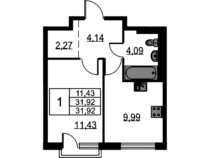 1-комнатная квартира 31.92 м², 12/12 эт., ЖК «Невская Долина»